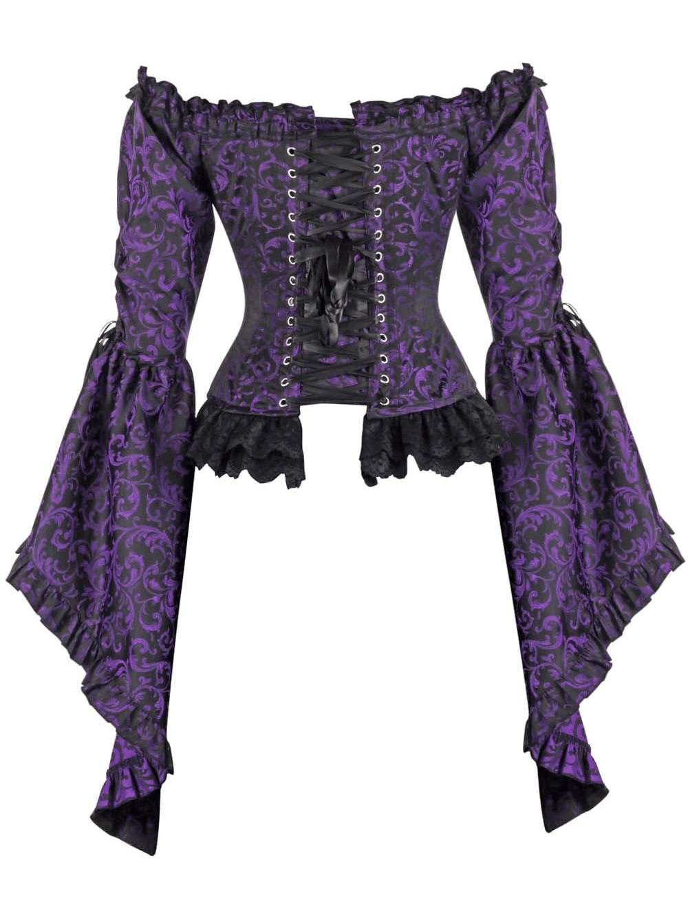 Purple Overbust Corset Top with Victorian Bell Sleeves featuring baroque pattern and dramatic sleeves
