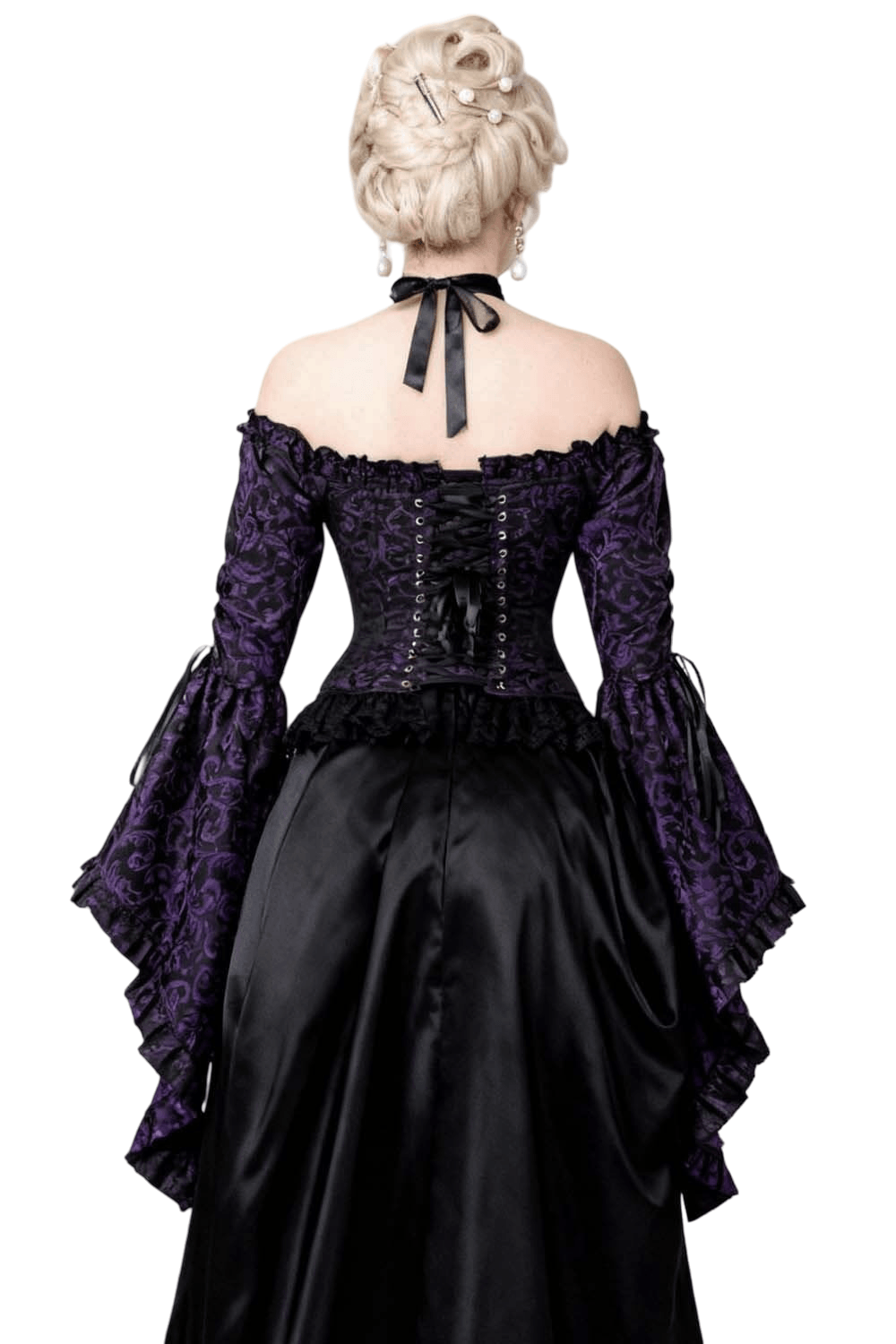 Purple Overbust Corset Top with Victorian Bell Sleeves, elegant back view showcasing detailed lacing and bell sleeves.