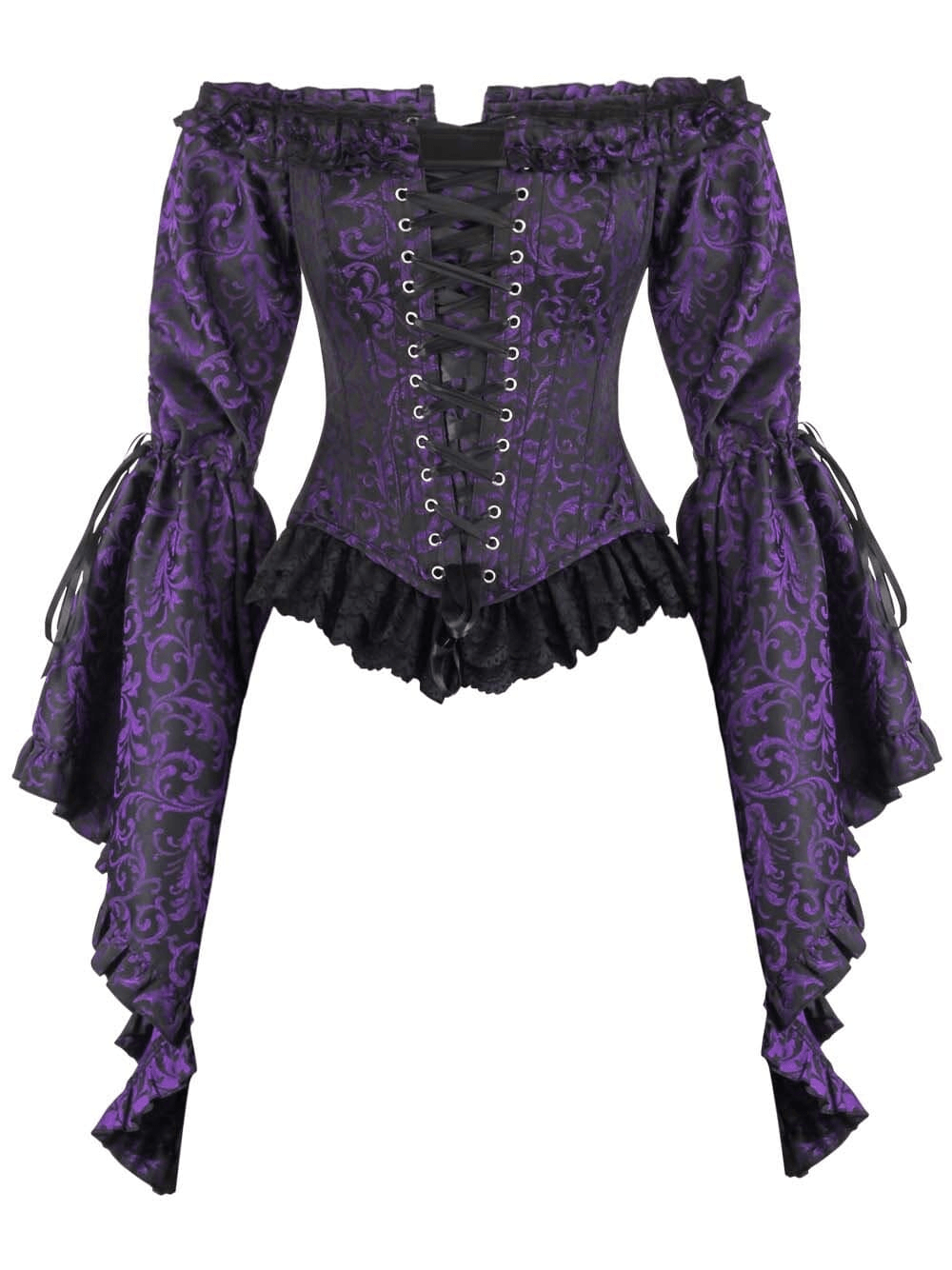 Purple Overbust Corset Top with Victorian Bell Sleeves featuring dramatic sleeves and baroque pattern.