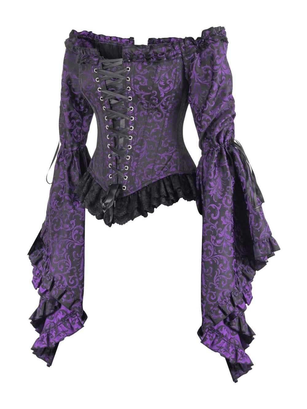 Purple Overbust Corset Top with Victorian Bell Sleeves featuring dramatic sleeves and baroque design.