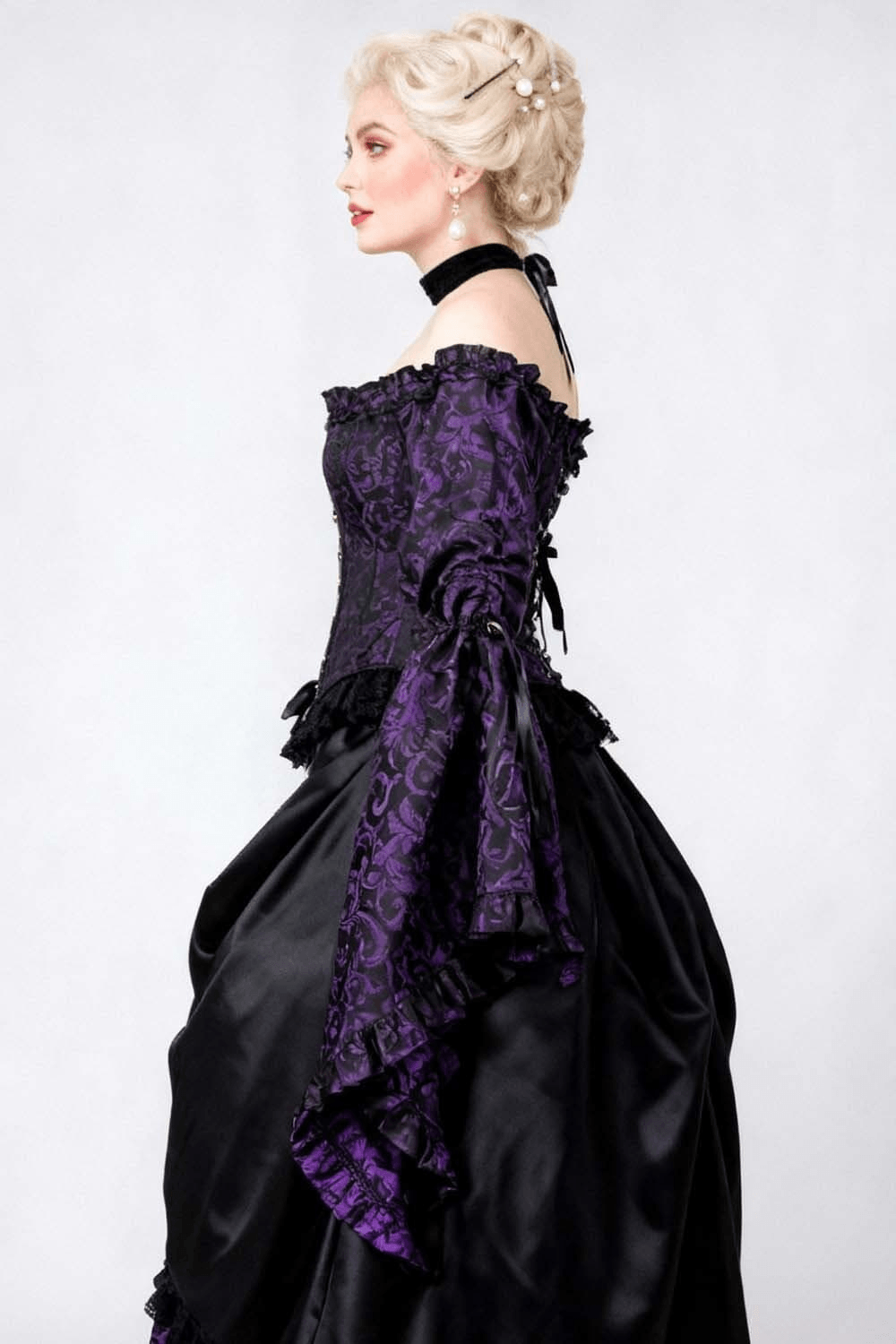 Purple Overbust Corset Top with Victorian Bell Sleeves