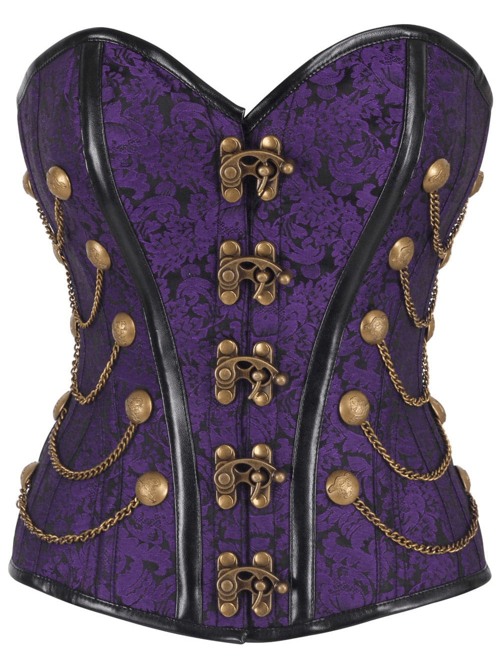 Purple Women's Overbust Corset with Statement Chain Details featuring gold chain accents and ornate pattern.