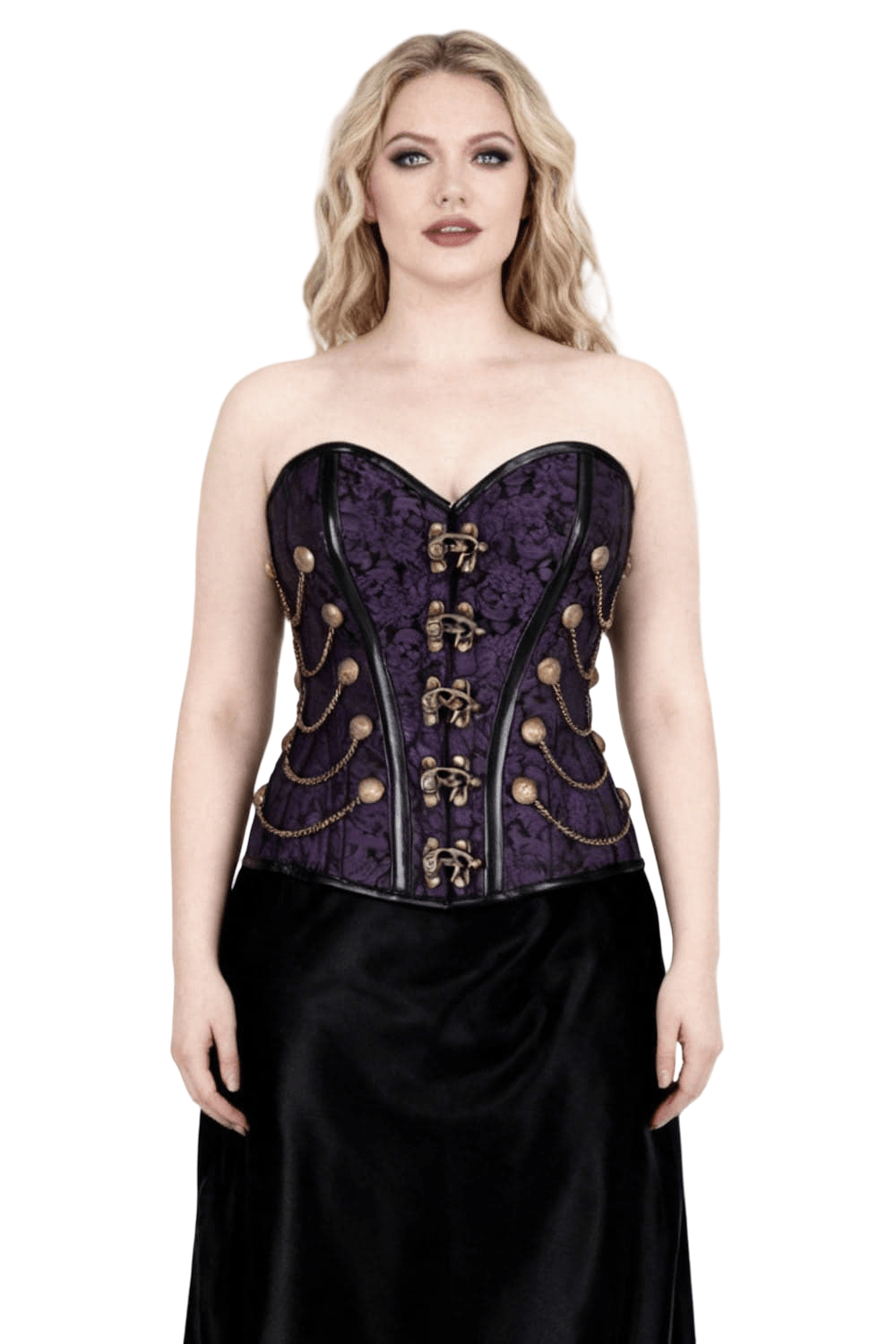 Purple Women's Overbust Corset with Statement Chain Details showcased on model, featuring antique chain accents and baroque pattern.