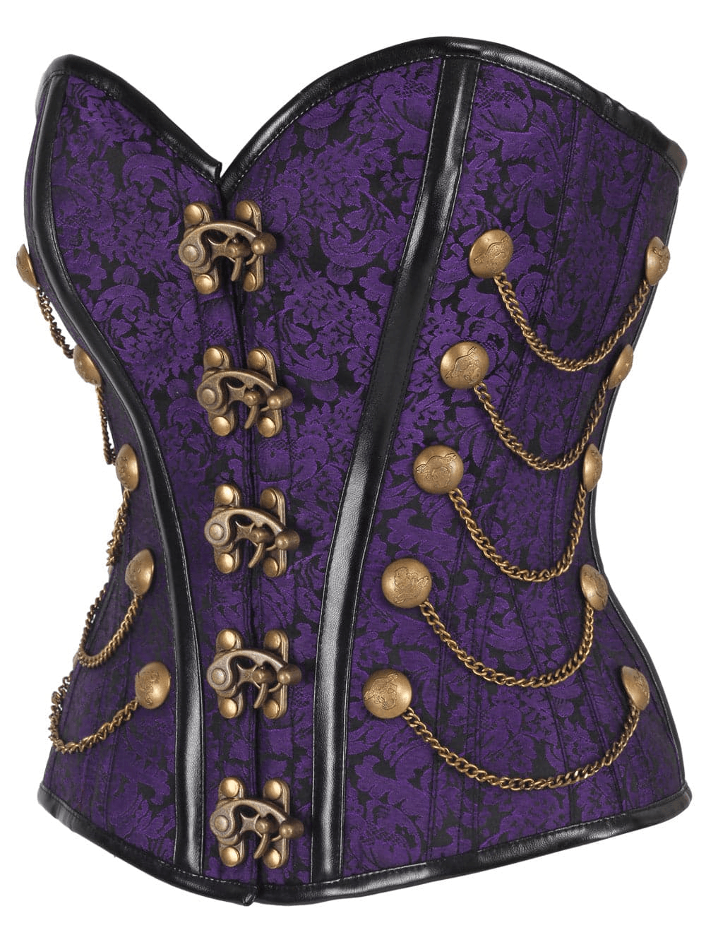 Purple Women's Overbust Corset with Statement Chain Details showcasing antique chain accents and baroque pattern.