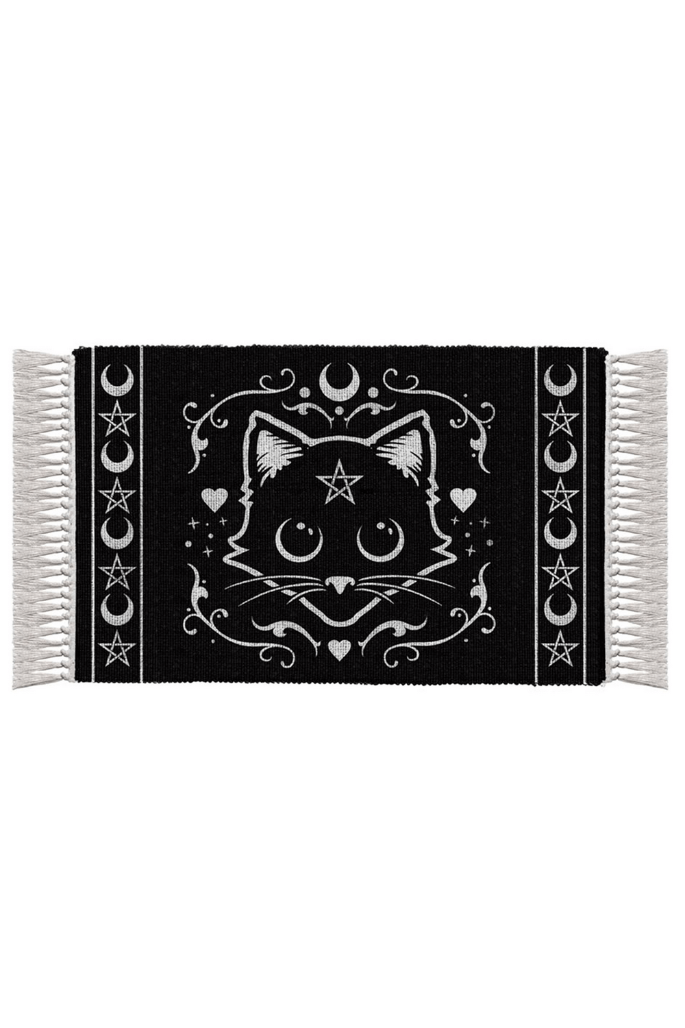 Purrfect black cat rug featuring moon and star design, perfect for witchy altars and magical spaces.