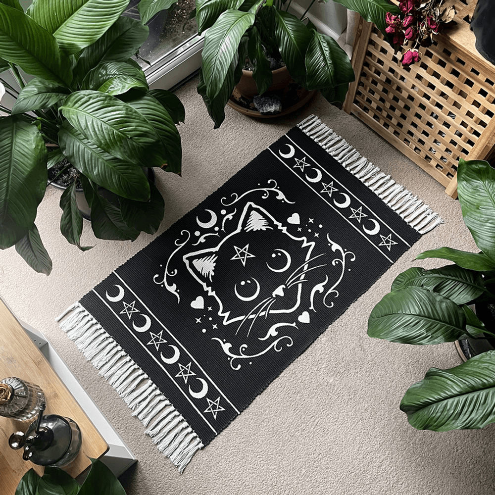 Purrfect black cat rug with moon and star design, perfect for witchy altars and sacred spaces.