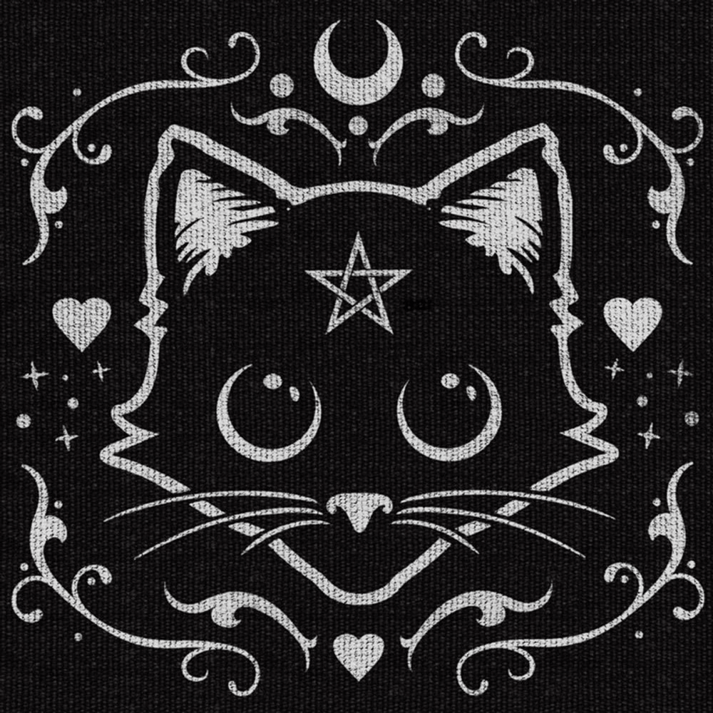 Purrfect black cat rug with moon, stars, and occult symbols for a magical witchy altar.