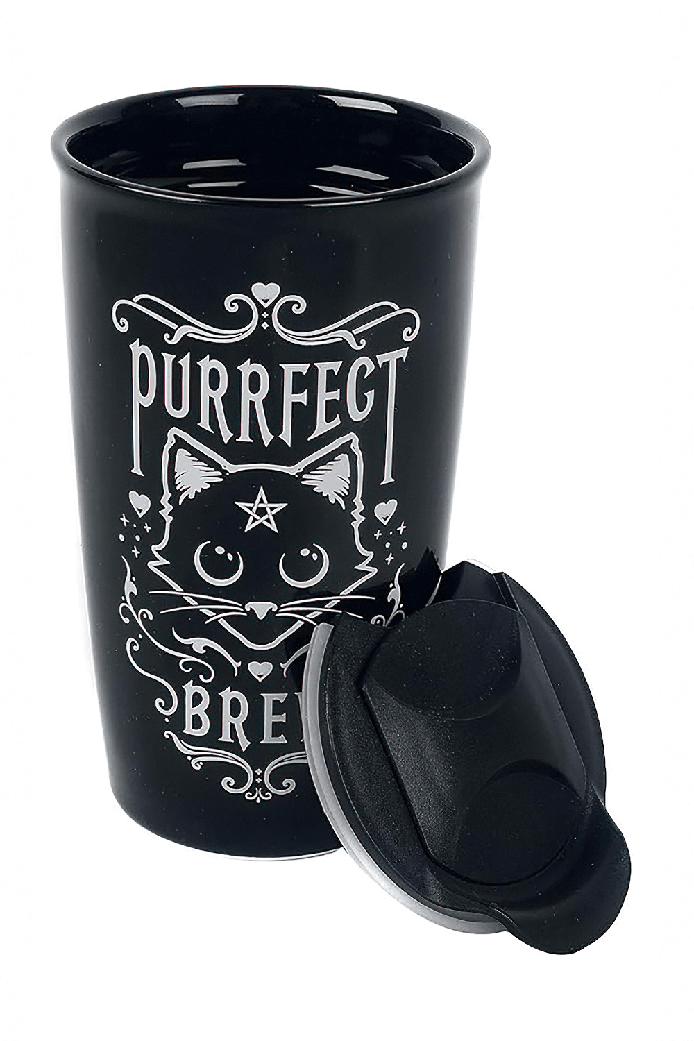 Purrfect Brew cat travel mug with lid, black ceramic, double-walled for hot or cold drinks, perfect for cat lovers.