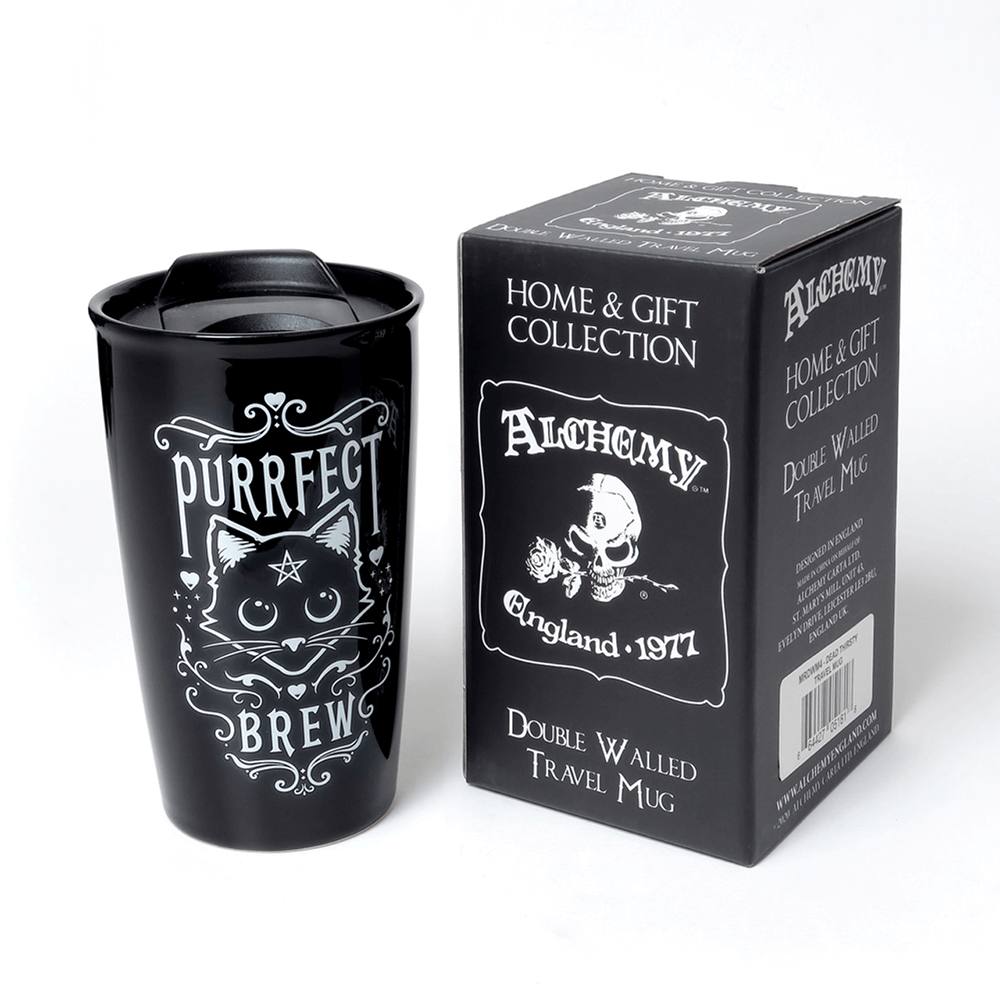 Purrfect Brew Cat Travel Mug with lid, showcasing charming cat design, perfect for cat lovers on-the-go.