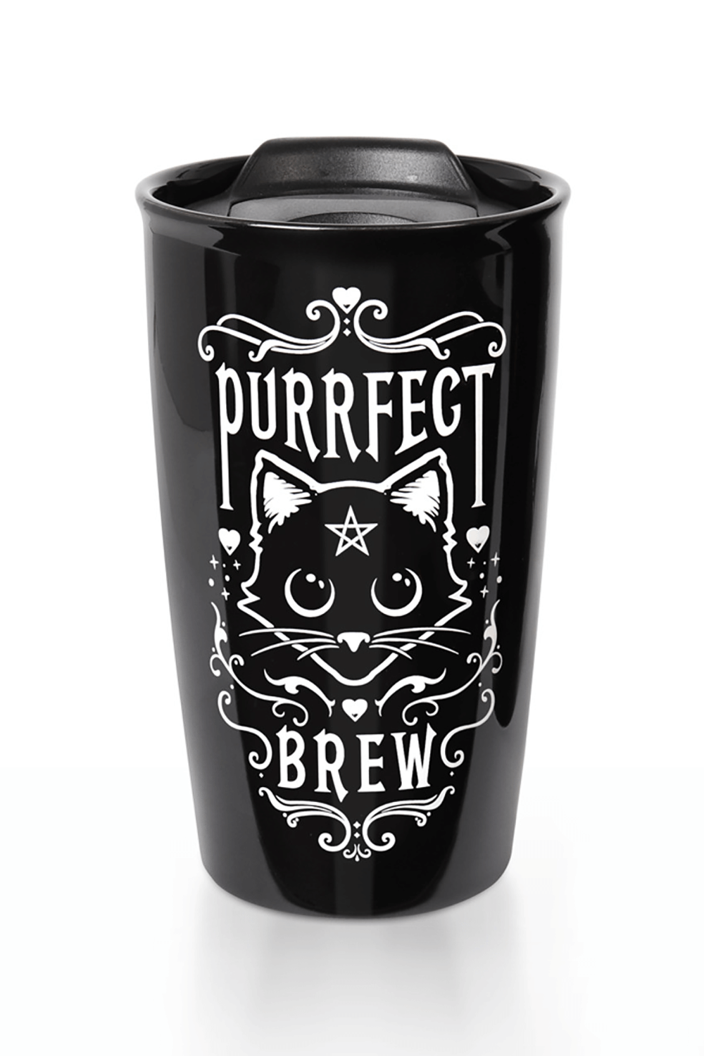 Purrfect Brew cat travel mug with black design and lid, perfect for cat lovers on the go.