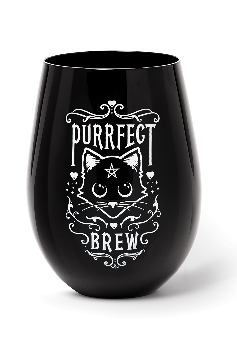 Purrfect Brew gothic black cat stemless glass cup with occult art, perfect for stylish dark-themed drinkware.
