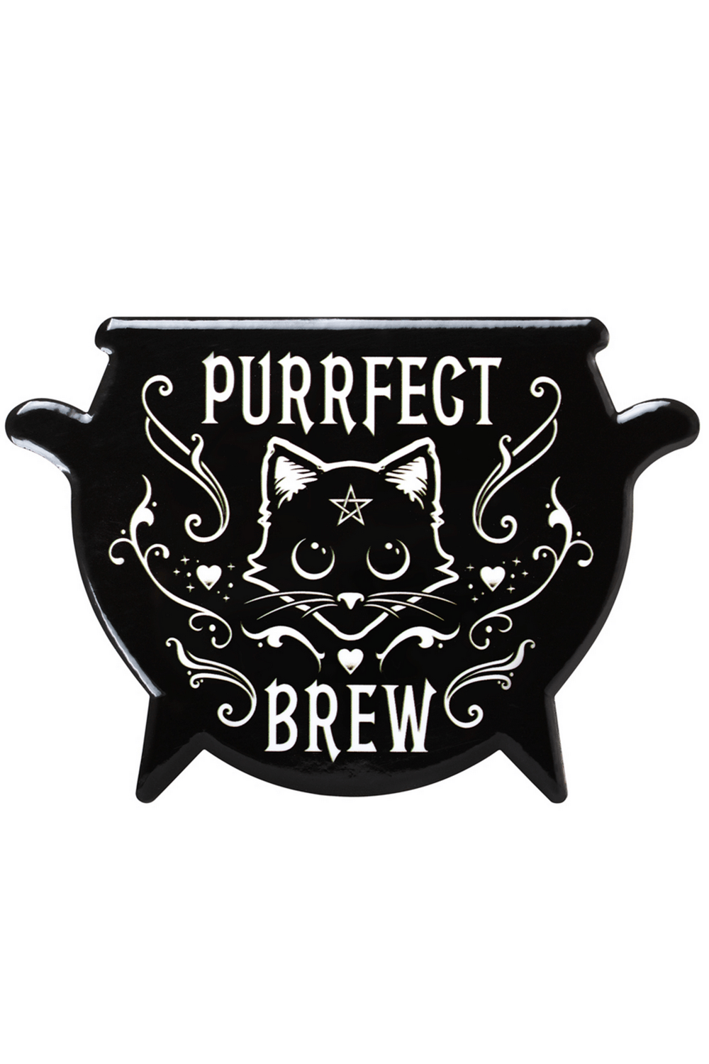 Purrfect Brew Gothic Cat Cauldron Coaster by Alchemy - Cute ceramic coaster for witchy decor and mystical vibes.