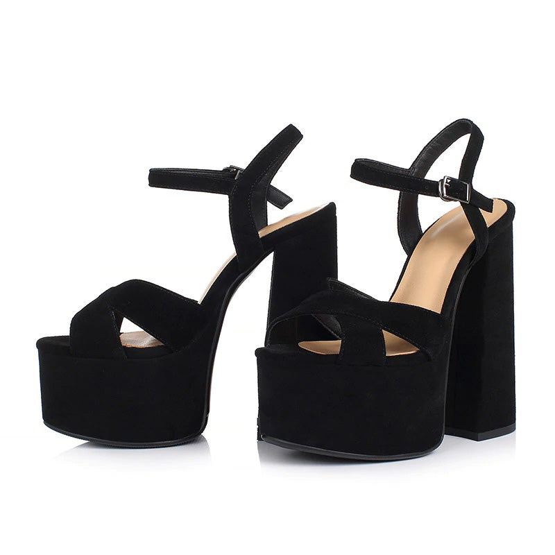 Quality Genuine Leather Women's Shoes / Sexy Heel Platform Black Sandals - HARD'N'HEAVY