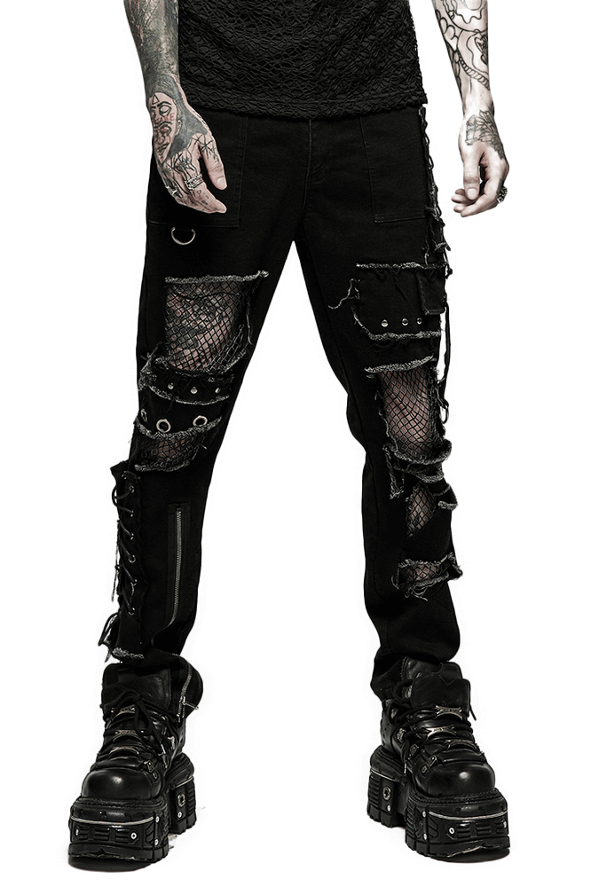 Ragged Mesh Splice Punk Decadent Denim Trousers - HARD'N'HEAVY