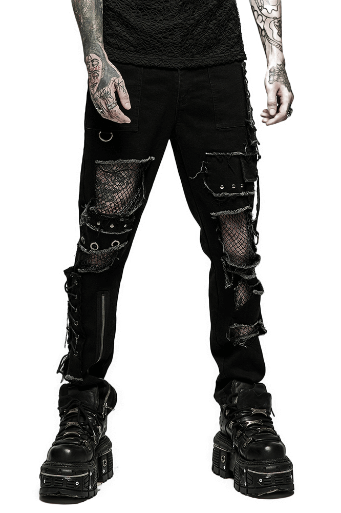 Edgy punk denim trousers with mesh details, ragged design, and bold metal accents.