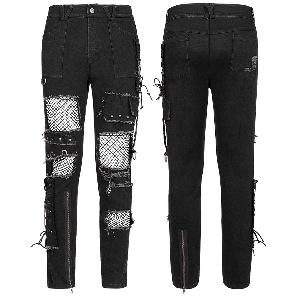 Punk decadent denim trousers with ragged mesh details and metal accents, showcasing an edgy fashion style.