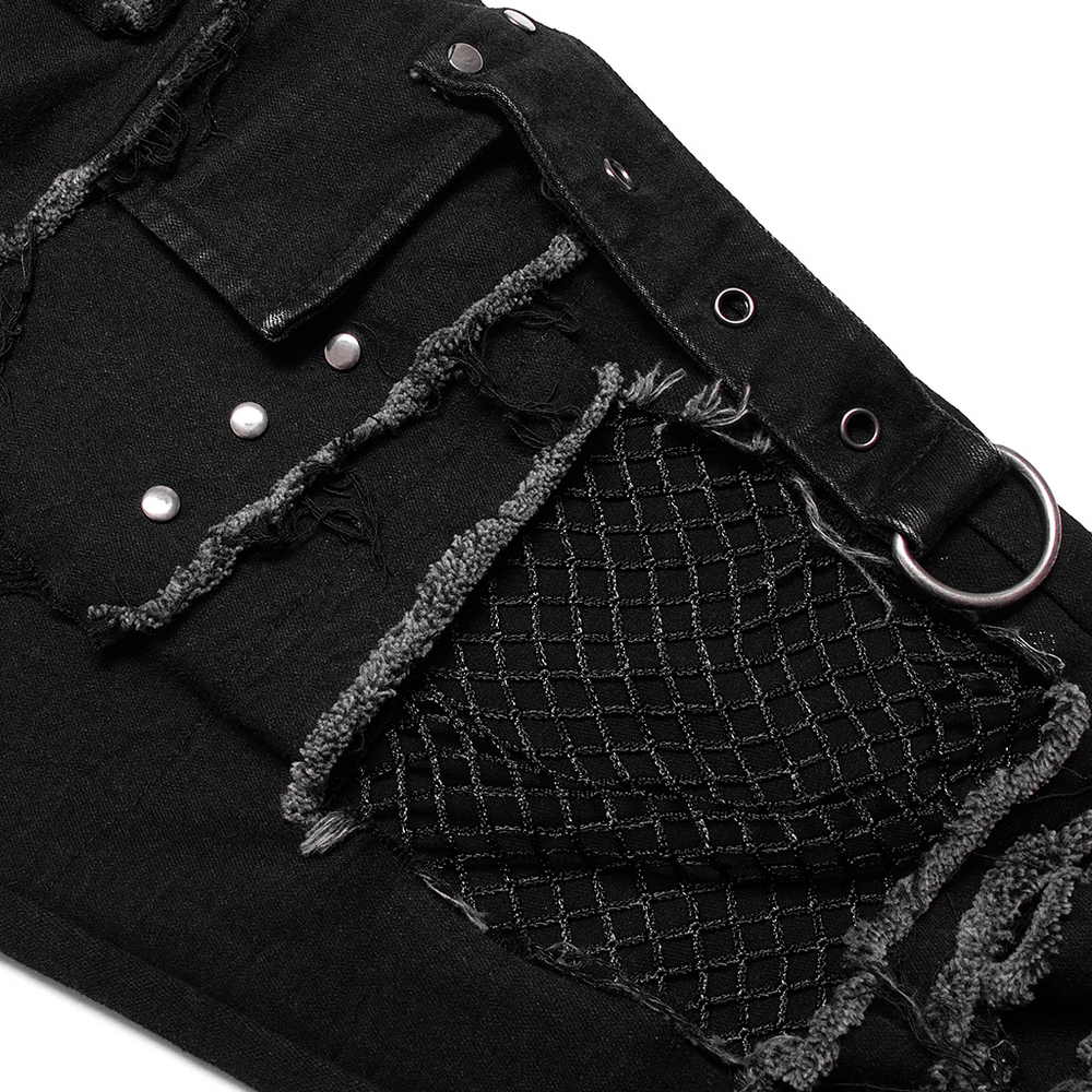 Close-up of Ragged Mesh Splice Punk Denim Trousers showcasing edgy mesh detail and metal accents.
