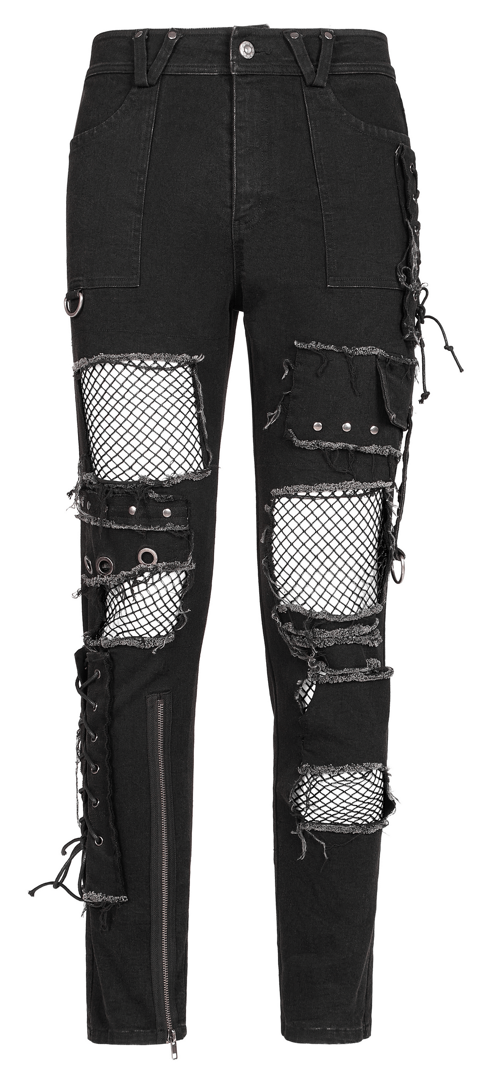 Edgy black denim trousers with mesh detail, ragged splices, and metal accents for a punk-inspired look.