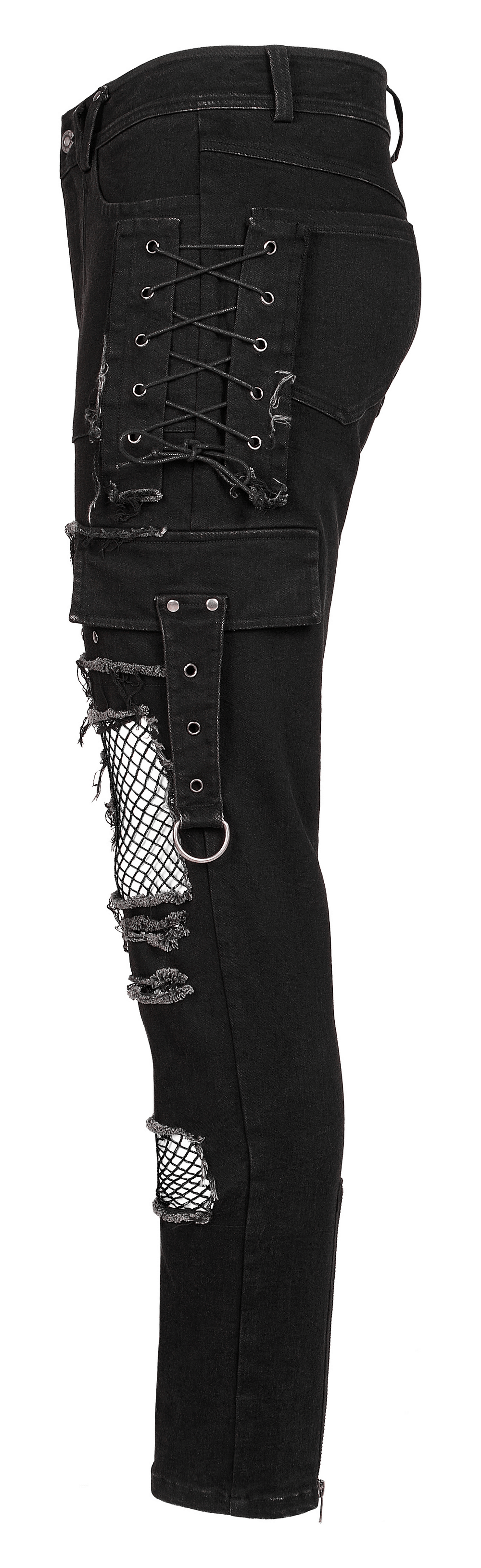 Edgy black denim trousers with mesh detail and ragged accents, perfect for punk fashion lovers.