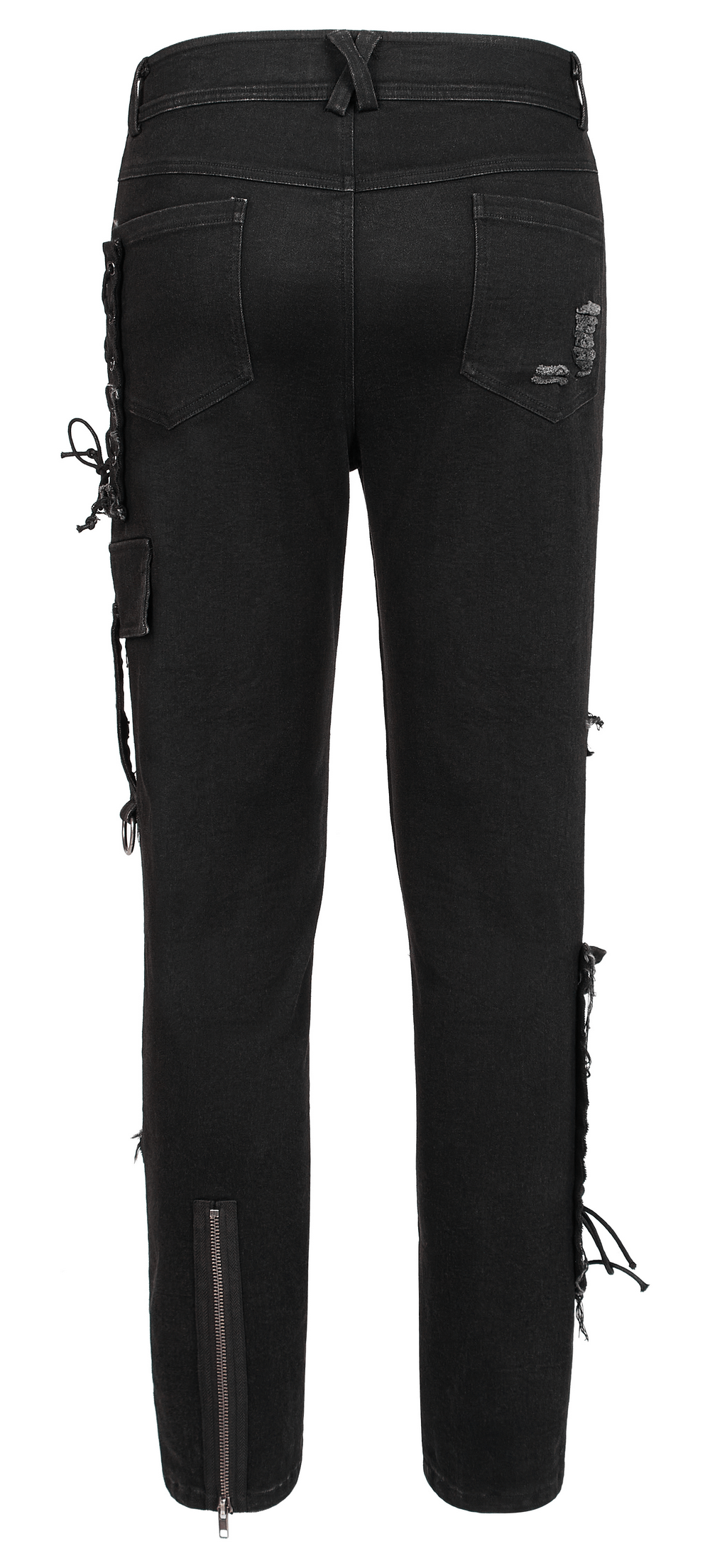 Ragged mesh splice punk denim trousers showcasing edgy design and rebellious style. Perfect for punk fashion lovers.