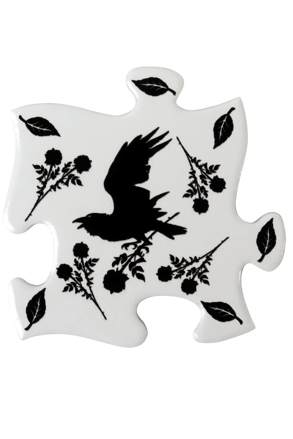 Elegant raven and rose ceramic jigsaw coaster with floral design for stylish home decor.