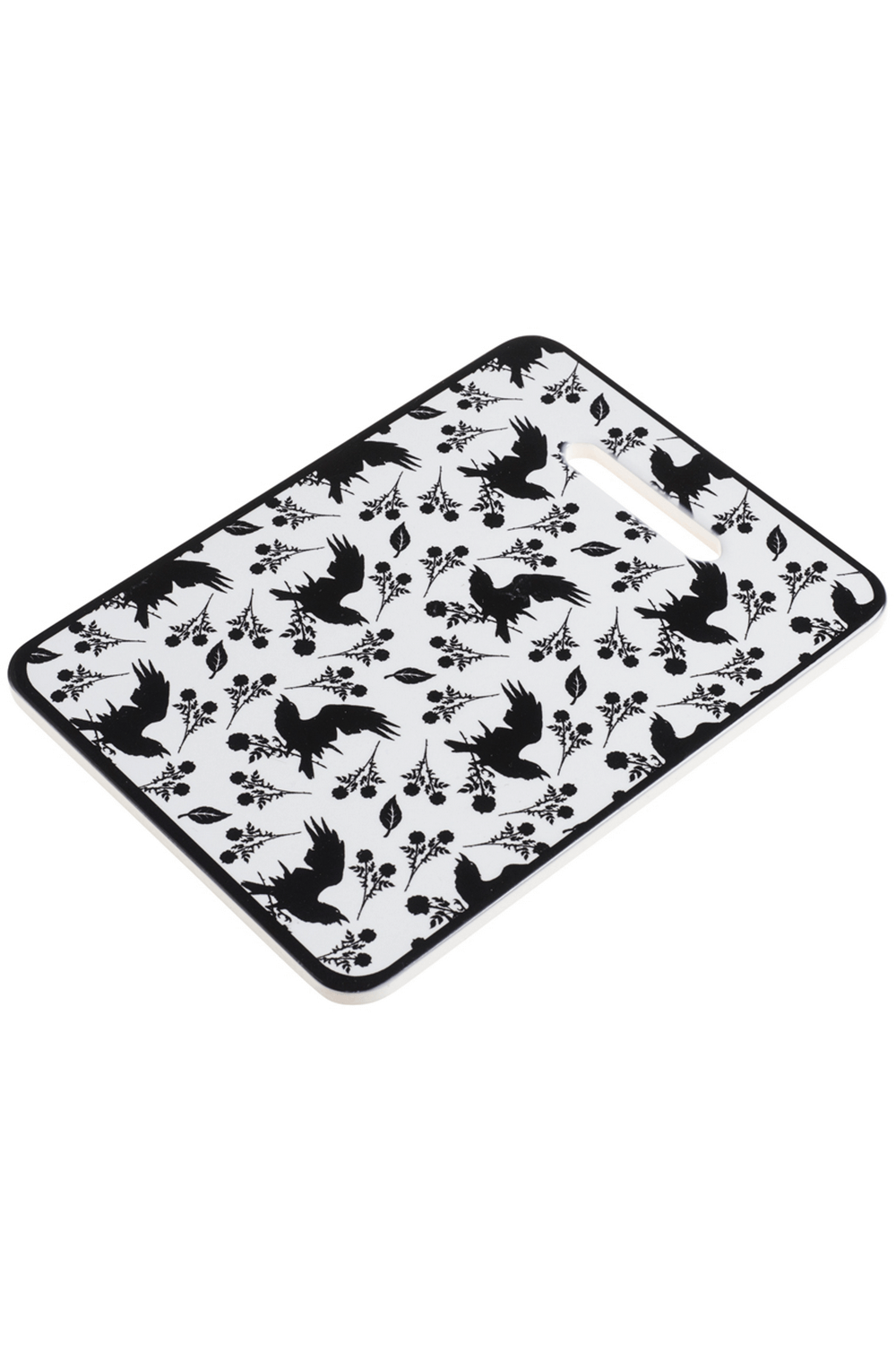 Gothic Raven and Rose chopping board featuring intricate black raven and floral designs for stylish kitchen decor.