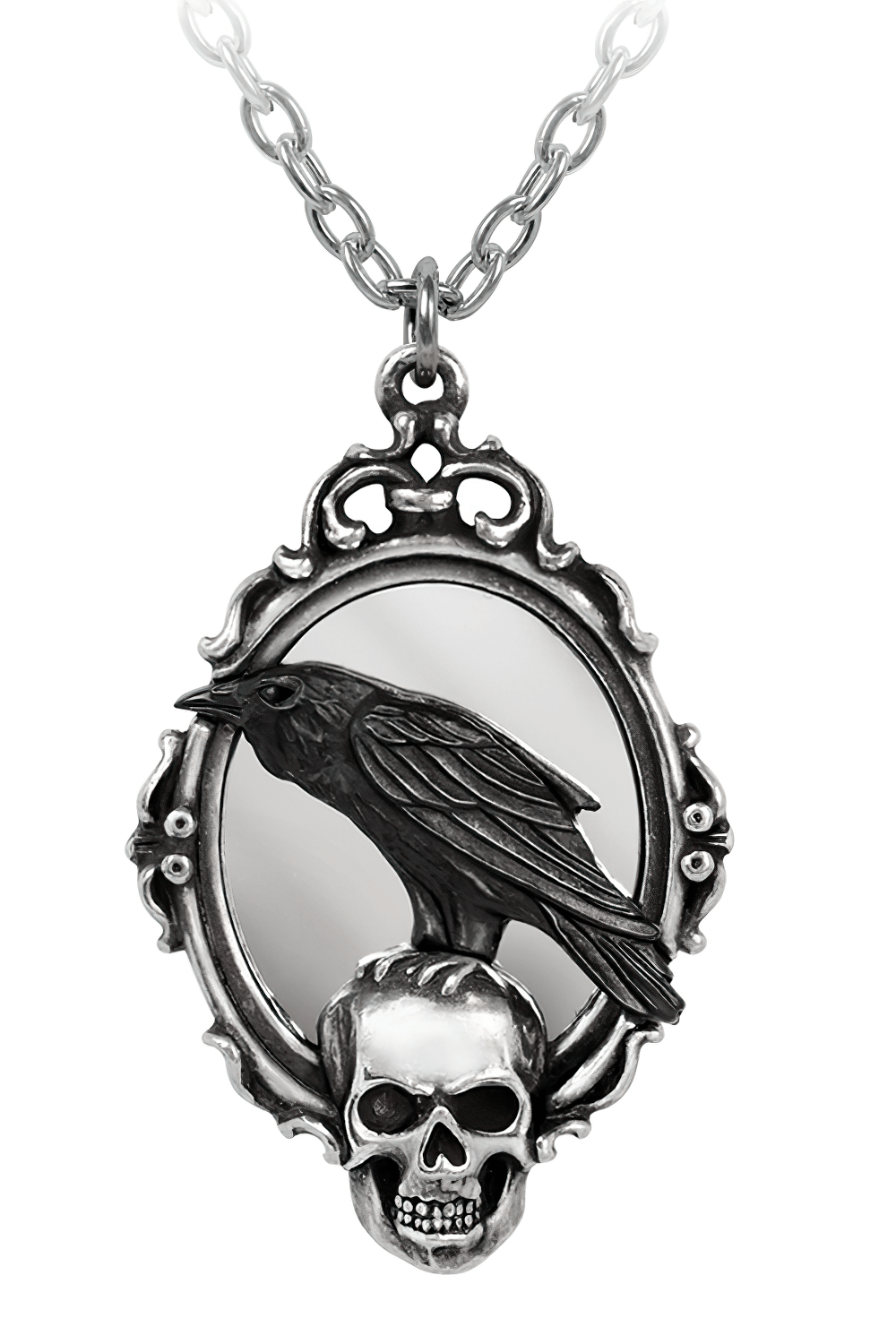 Raven and skull pendant in ornate mirror frame, inspired by Edgar Allan Poe's dark poetry.