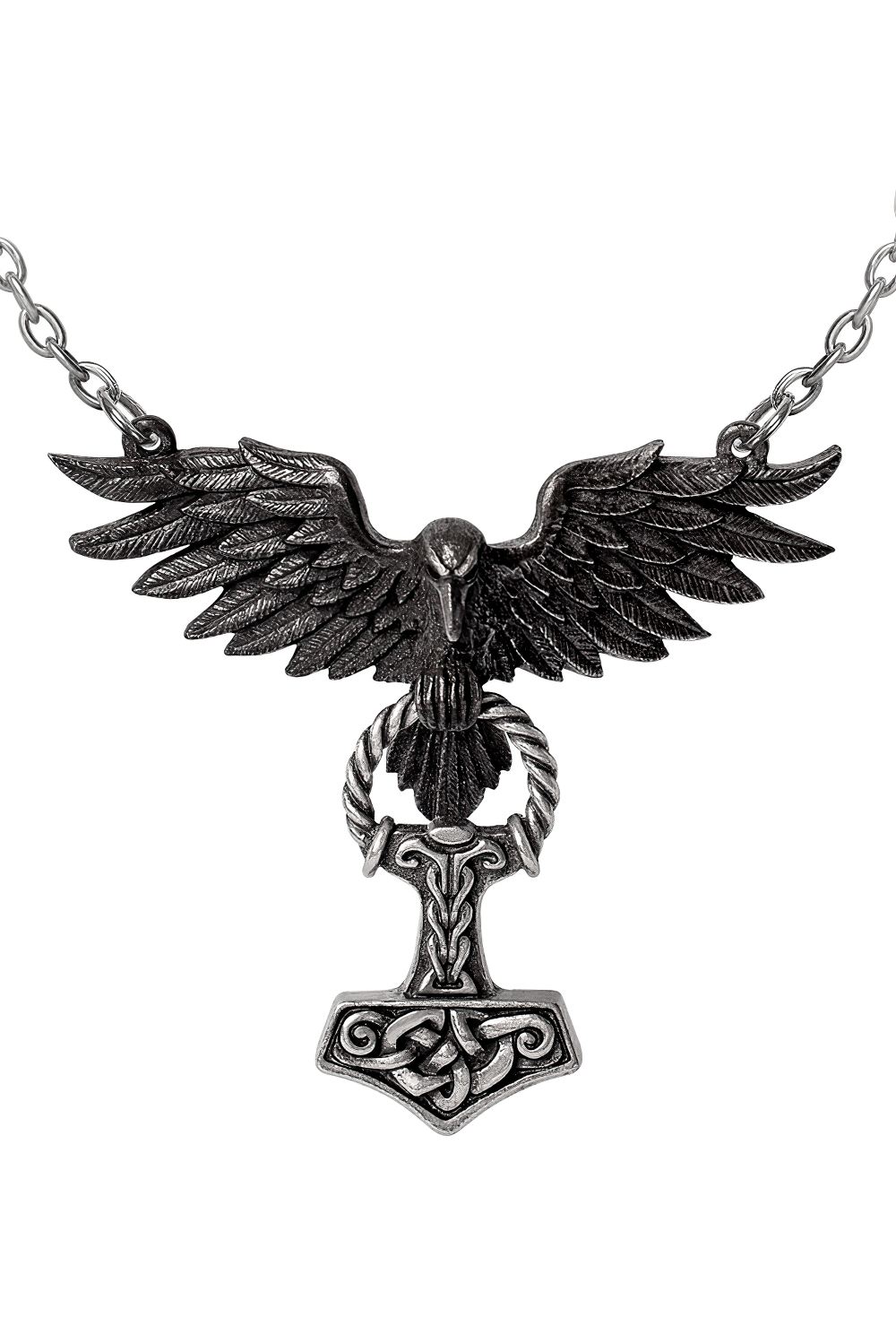 Raven and Thor's Hammer pendant necklace in antiqued pewter, inspired by Viking mythology and Norse heritage.