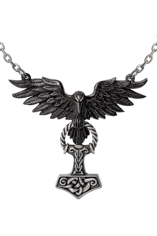 Collar con colgante de cuervo y martillo de Thor en peltre
