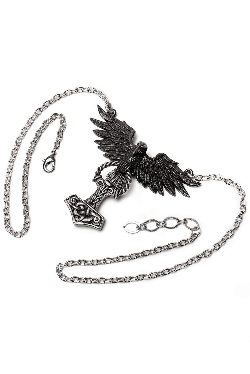 Raven and Thor's Hammer pendant necklace in pewter, featuring a fierce raven guarding a majestic hammer, symbolizing Viking heritage.