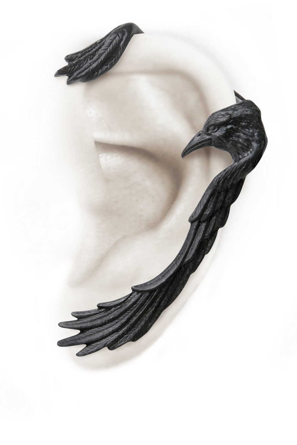 Raven earwrap for left ear featuring a detailed feather design and protective winged detailing.