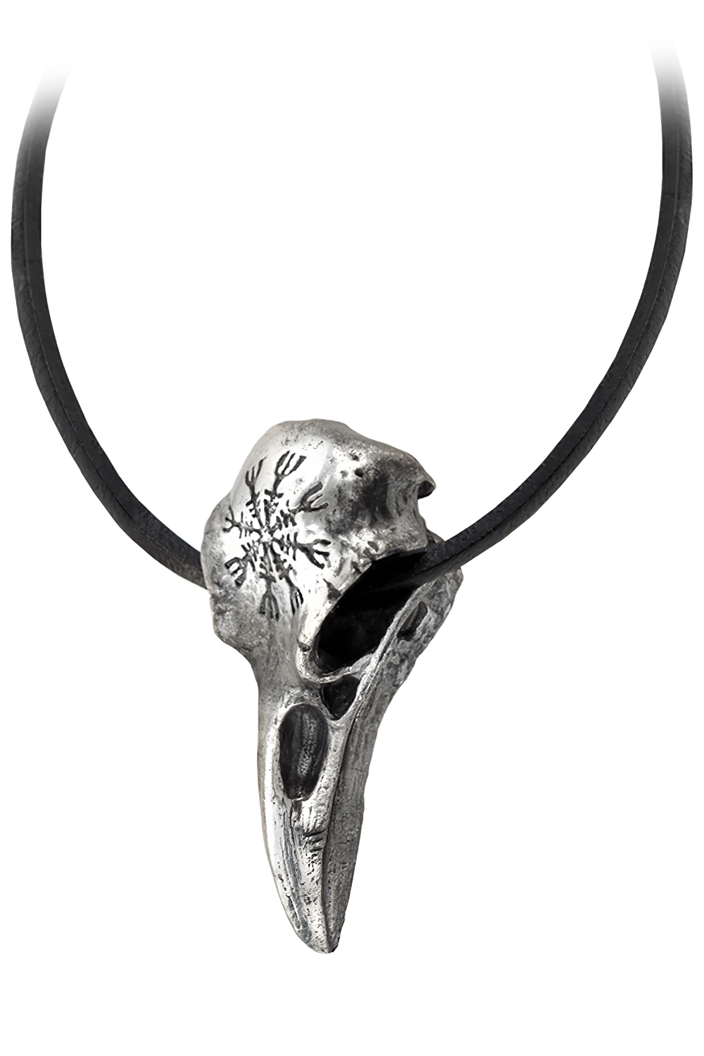 Silver raven skull pendant with Norse Helm of Awe symbol, hanging on black leather thong for gothic fashion.