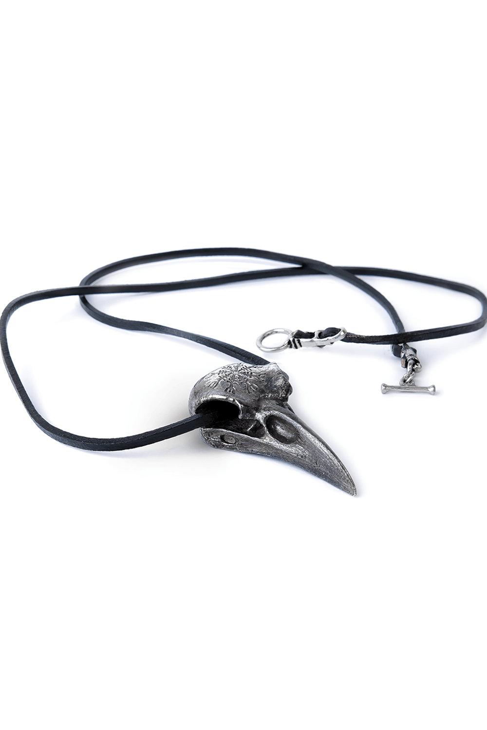 Raven skull pendant with black leather thong, featuring Norse Helm of Awe symbol for gothic and Viking fashion.