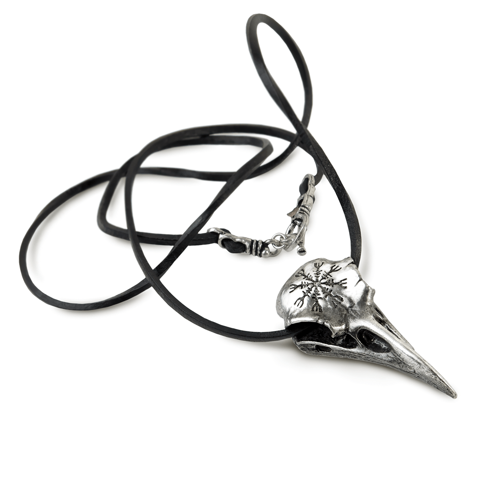 Raven skull pendant with Helm of Awe symbol on black leather thong, embodying Norse protective powers.
