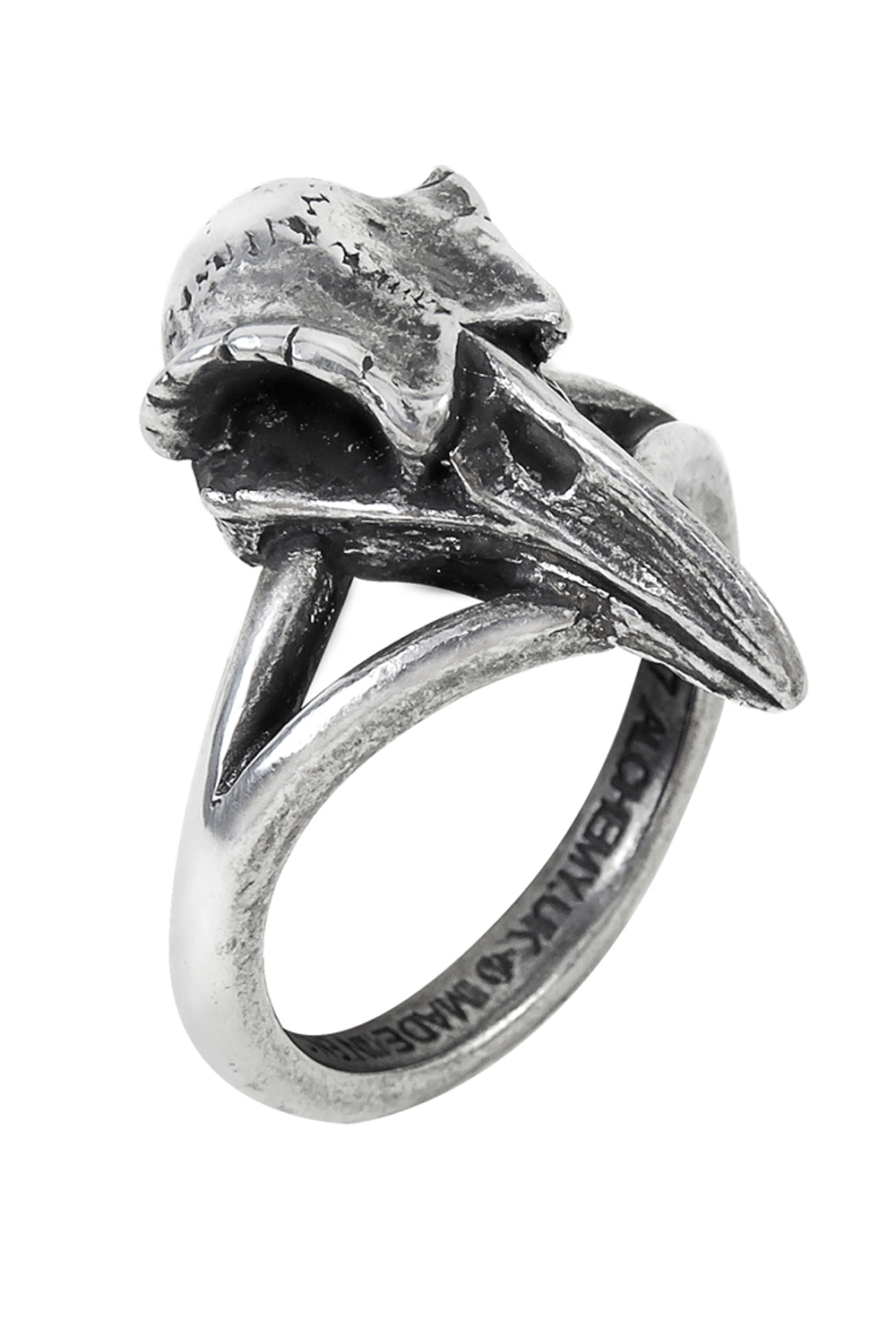 Intricately crafted antiqued pewter raven skull ring, perfect gothic accessory, symbolizing mystery and the night.