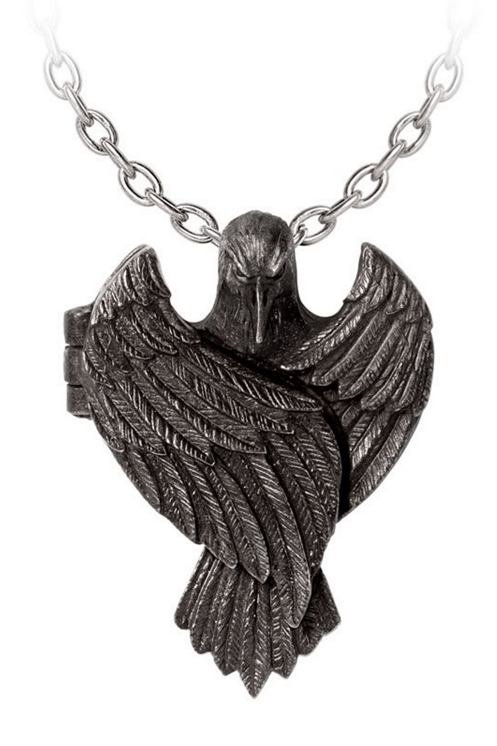 Blackened pewter raven wing locket necklace with hidden photo compartment inspired by Edgar Allan Poe.