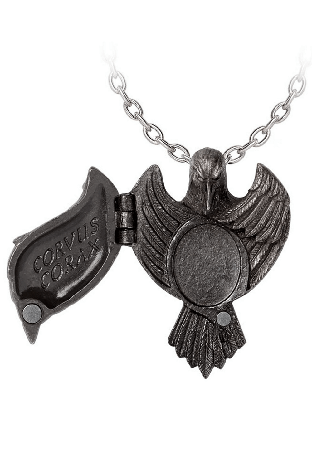 Raven wing locket necklace in blackened pewter with hidden photo compartment, inspired by Edgar Allan Poe.