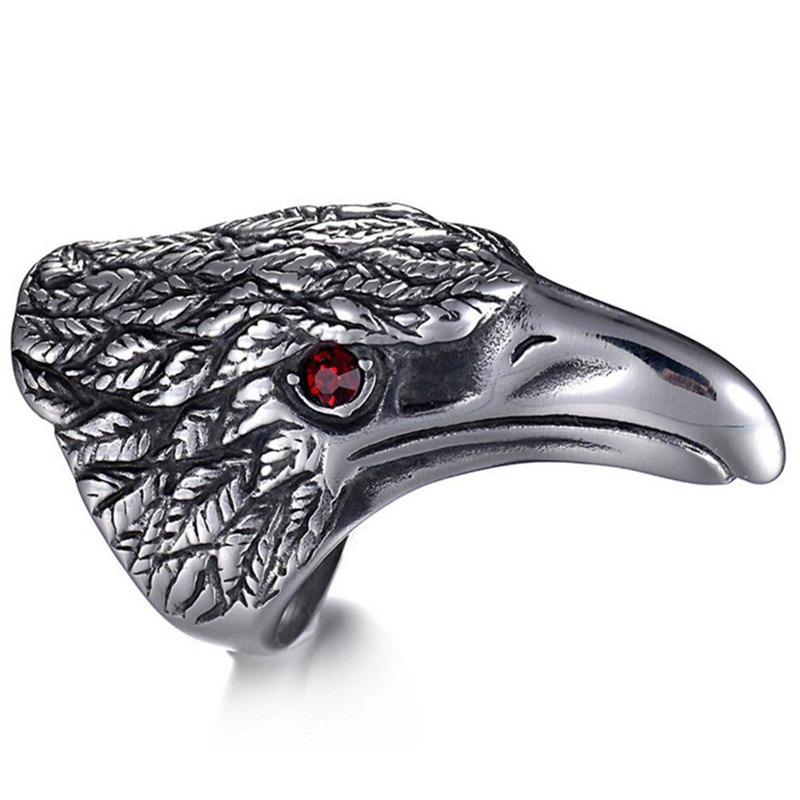 Raven's Head 316L stainless steel ring with a detailed design and red gem, perfect for gothic and cosplay styles.