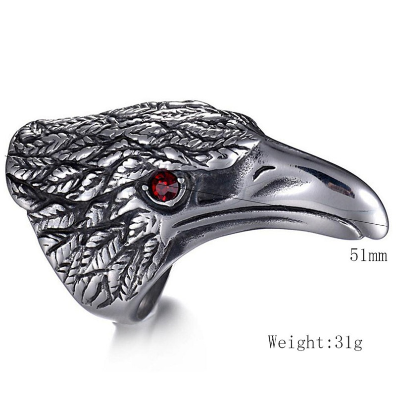 Raven's Head 316L Stainless Steel Ring with red gemstone, perfect for gothic and cosplay fashion.