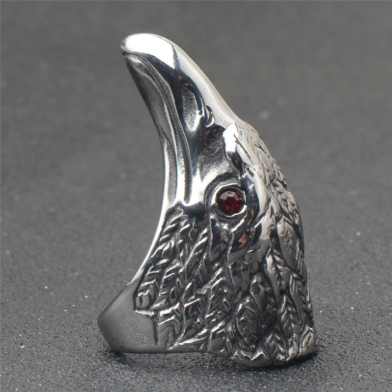 Raven's Head 316L Stainless Steel Ring with red stone, perfect for gothic jewelry lovers and cosplay enthusiasts.
