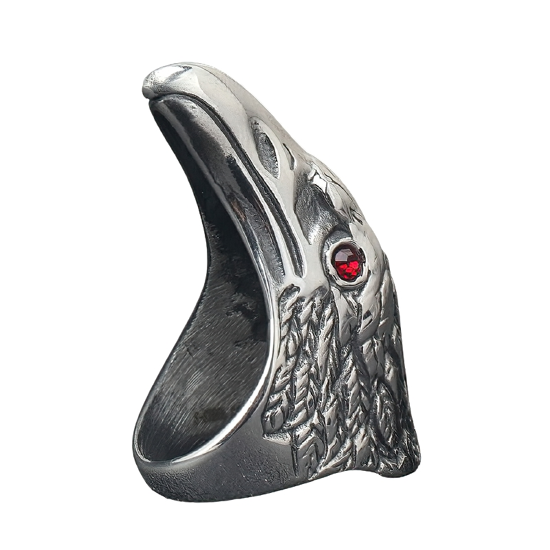 Raven's head 316L stainless steel ring with red gemstone, perfect for gothic jewelry lovers.