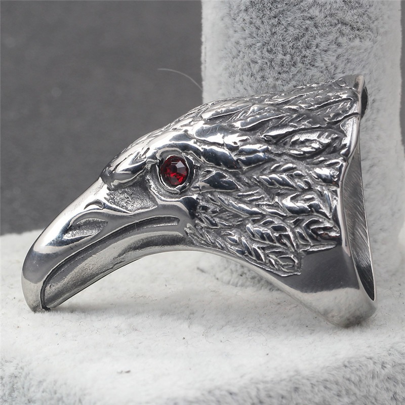 Raven's Head 316L stainless steel ring with a red stone, perfect for gothic jewelry and cosplay outfits.