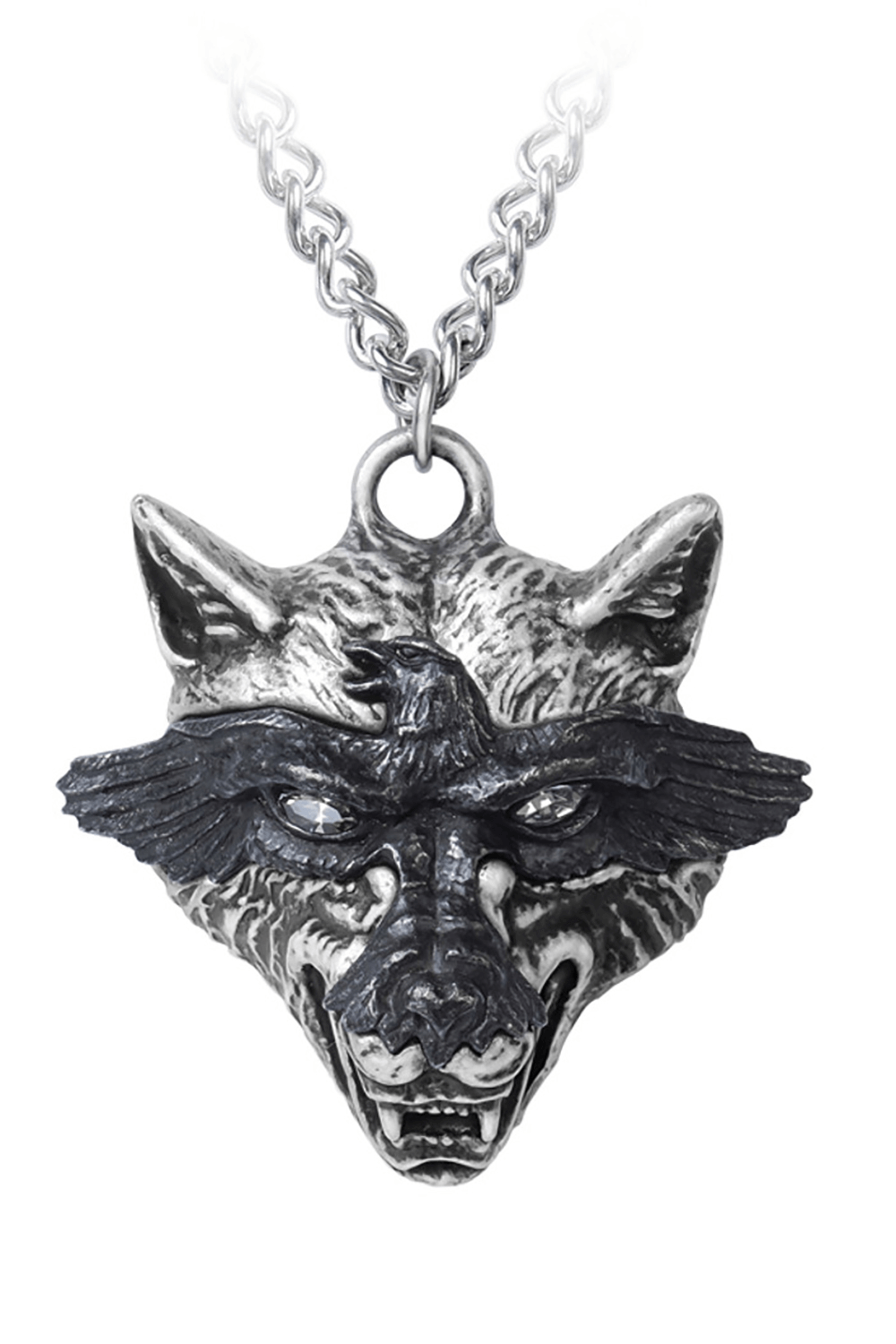 Ravenwulf Pendant with Norse Wolf and Raven Symbolism in Gothic Pewter, featuring wolf head and raven detail.