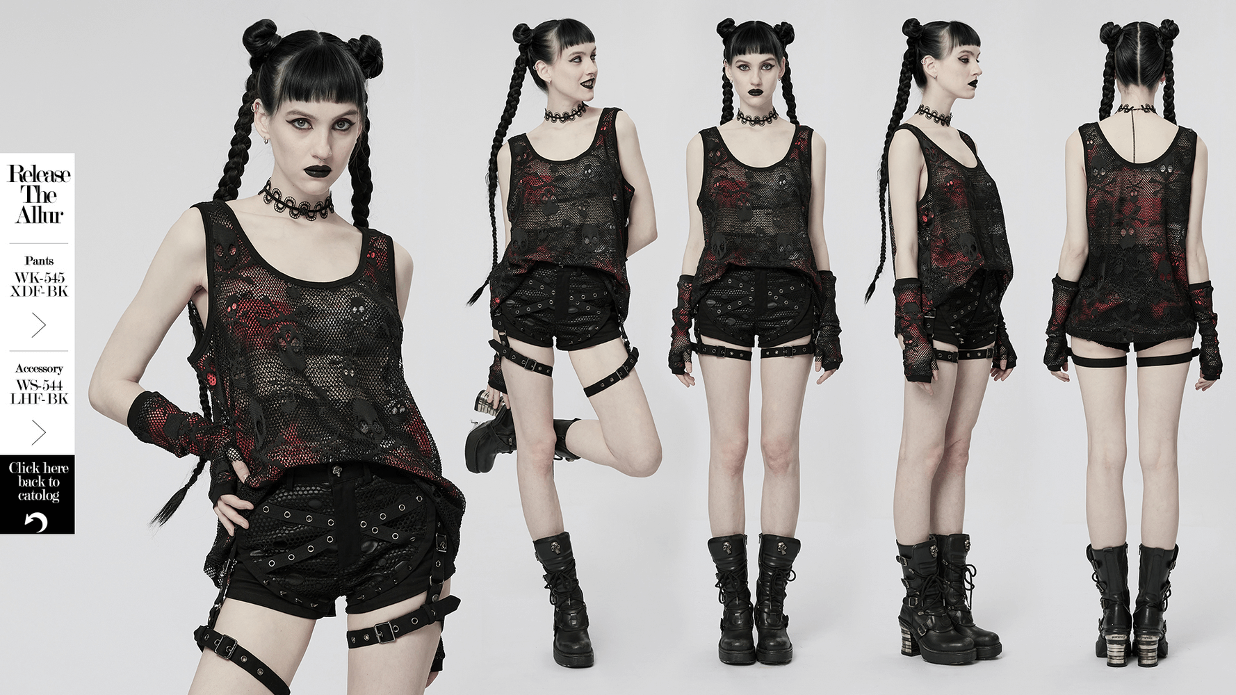 Model showcasing Rebel Skull Mesh Overlay Tank and fingerless gloves set in a punk style, highlighting edgy fashion.