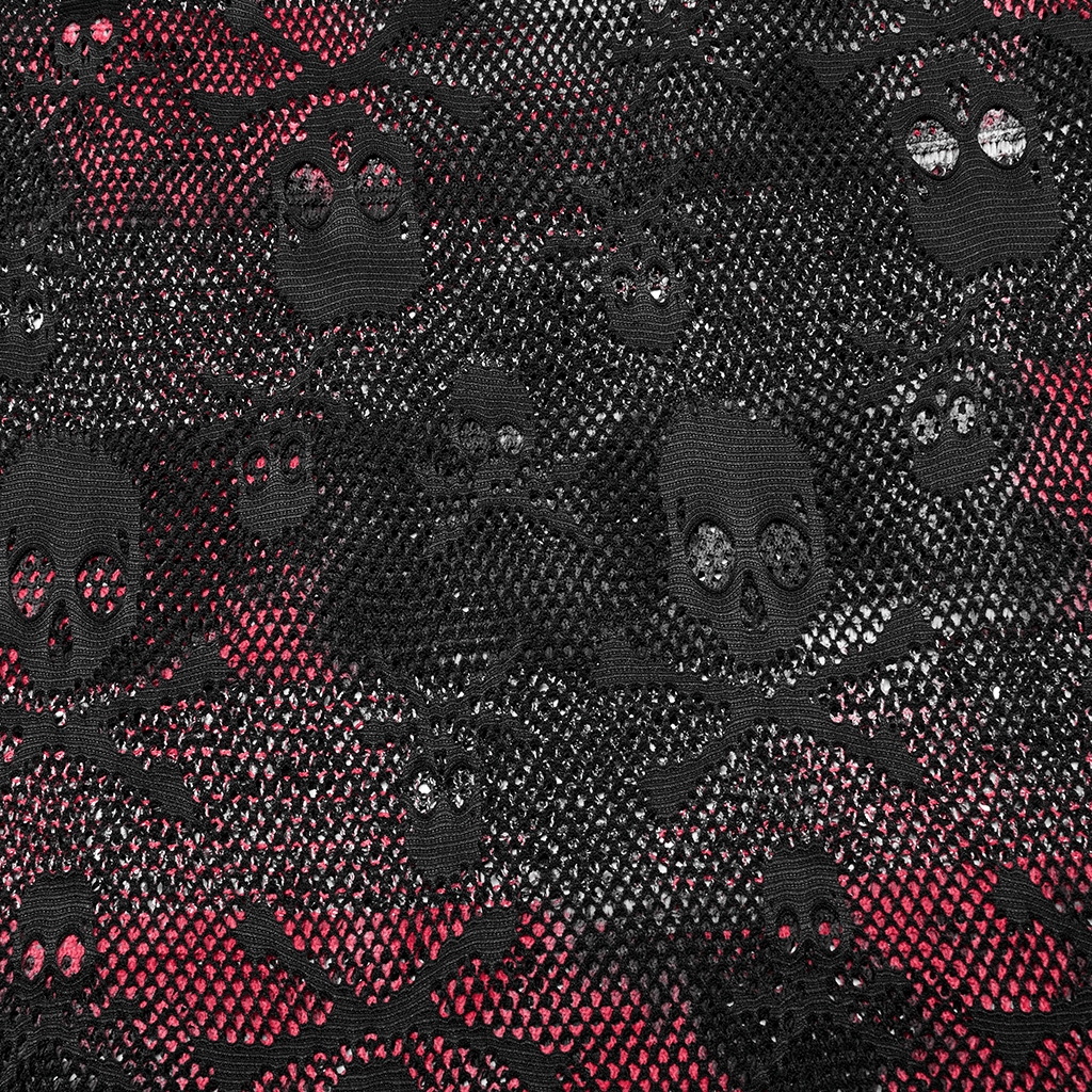 Close-up of black mesh fabric with skull designs on a bright red background, perfect for edgy fashion.
