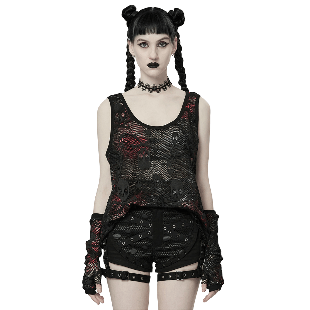 Model wearing Rebel Skull Mesh Overlay Tank and fingerless gloves, showcasing punk style with a bold skull design.