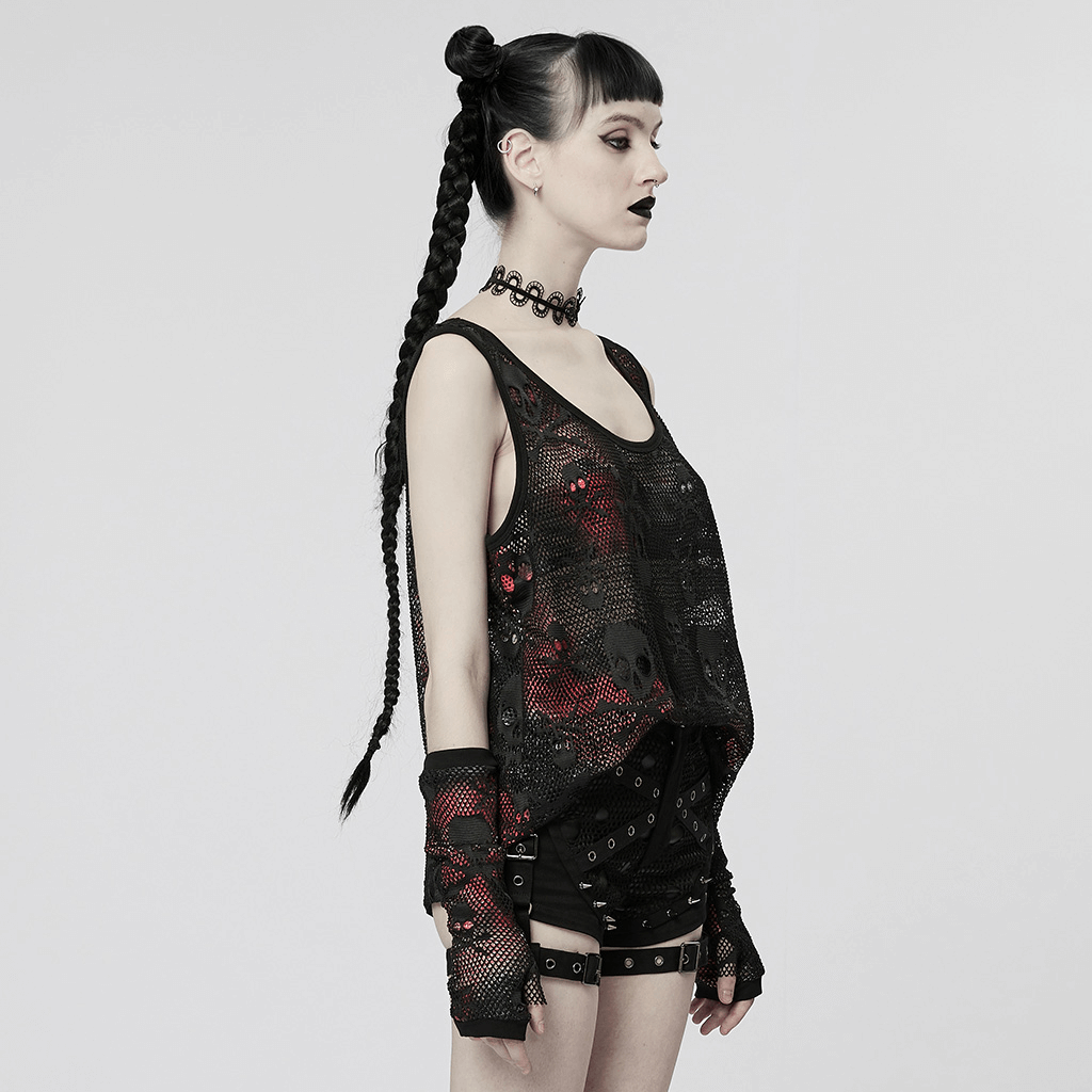 Rebel skull mesh overlay tank top and fingerless gloves set on model, showcasing edgy punk fashion vibes.