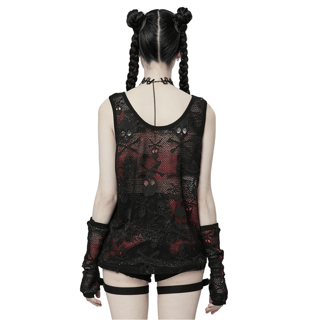 Back view of a model in a rebellious skull mesh tank top and fingerless gloves showcasing edgy punk fashion.