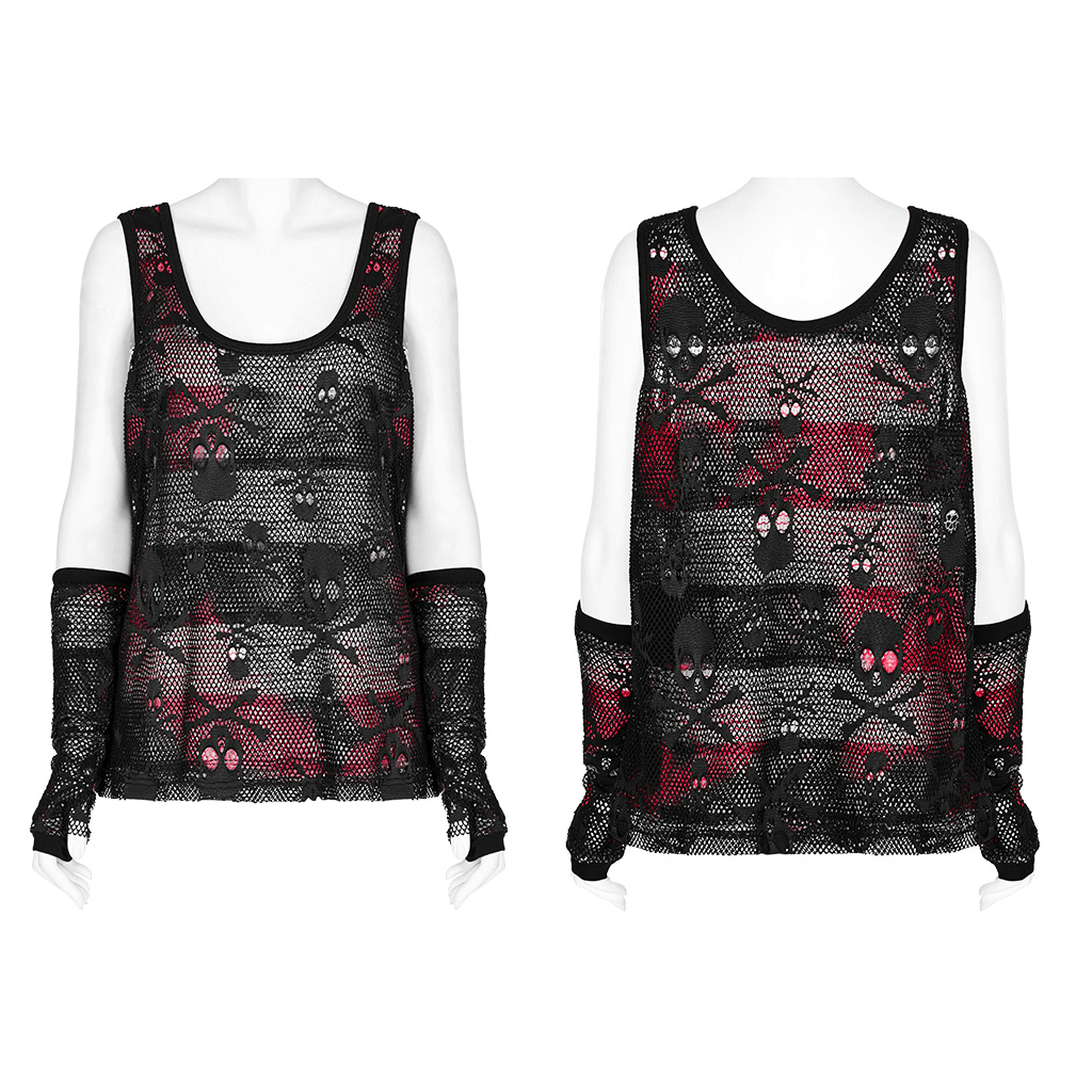Rebel Skull Mesh Overlay Tank with fingerless gloves in black and red, showcasing a bold skull design and stylish textures.
