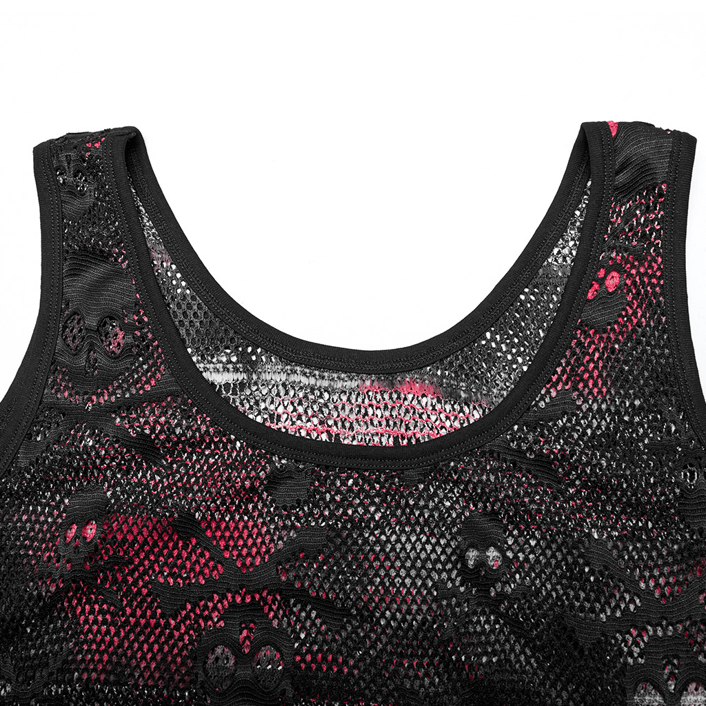 Close-up of Rebel Skull Mesh Overlay Tank top showcasing striking skull pattern and textured mesh design.